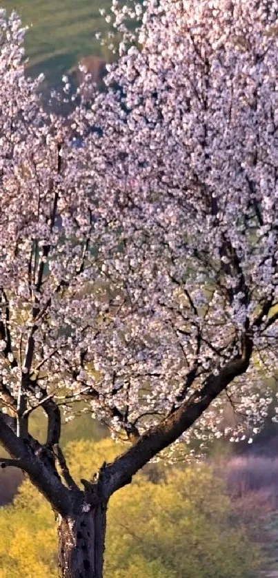 Cherry blossom tree in full bloom with green landscape background.