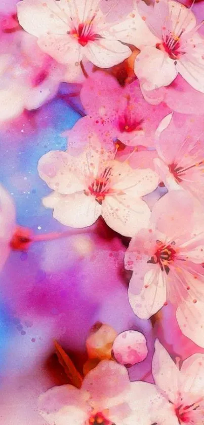 Watercolor painting of pink cherry blossoms against a blue background.