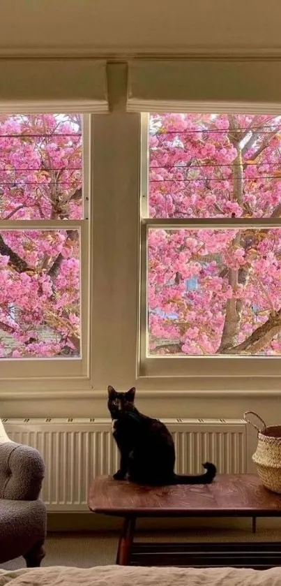 Cozy room with cherry blossom window view and a cat on the table.