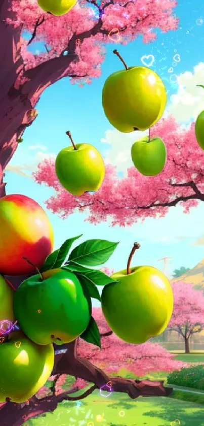 Green apples with pink cherry blossoms in a scenic backdrop.