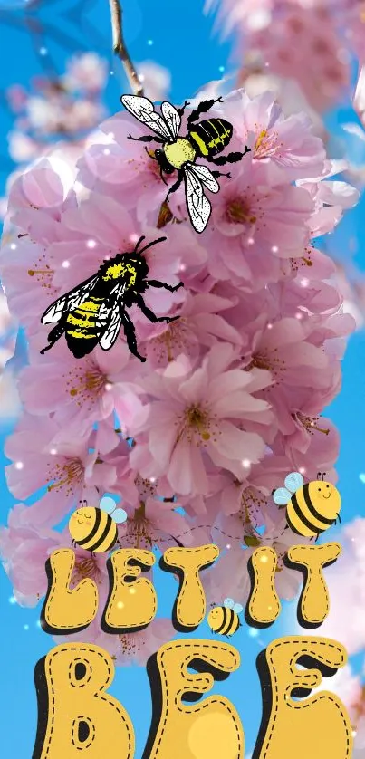 Mobile wallpaper with pink cherry blossoms, bees, and blue sky background.