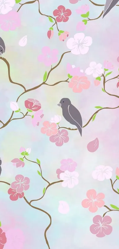 Wallpaper with cherry blossoms and birds on branches.