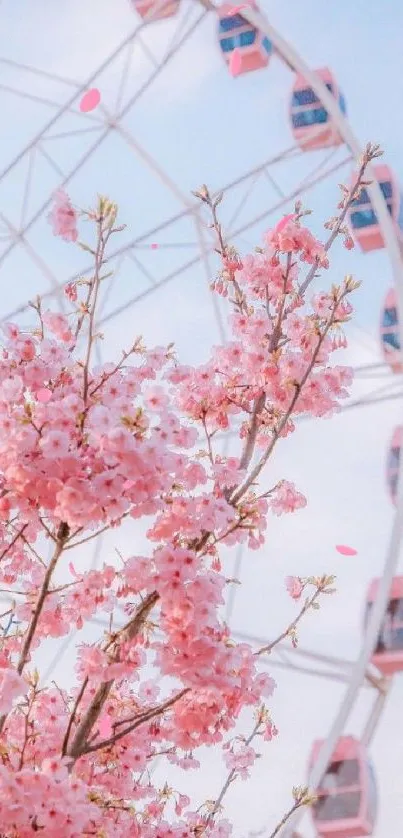 Cherry blossoms with Ferris wheel and pink sky.