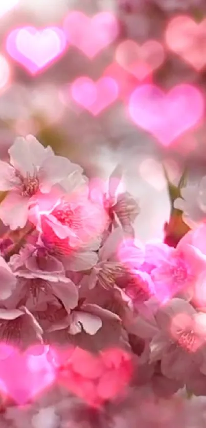 Cherry blossoms with pink heart bokeh effect.