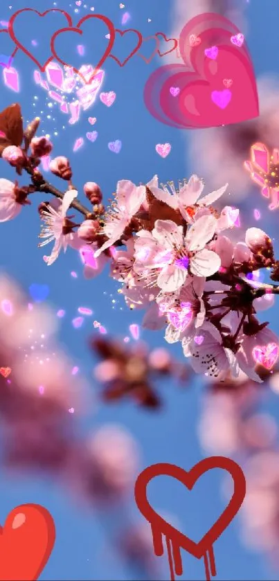 Cherry blossoms with heart icons against a blue sky.