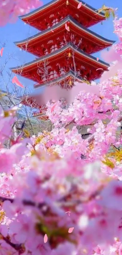 Blossoming cherry trees with a red pagoda tower under a clear blue sky.