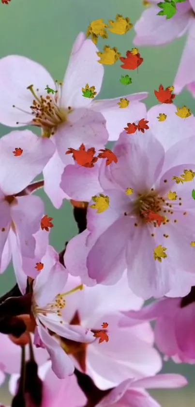 Cherry blossoms with pink petals and colorful falling leaves enhance the wallpaper.