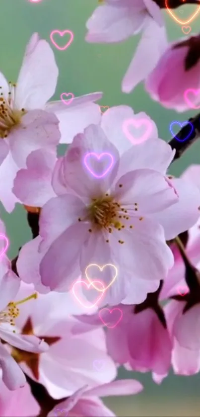 Cherry blossoms with heart overlay, creating a romantic mobile wallpaper.