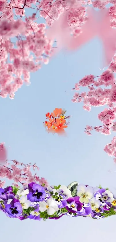 Mobile wallpaper of cherry blossoms and pansies against a blue sky.