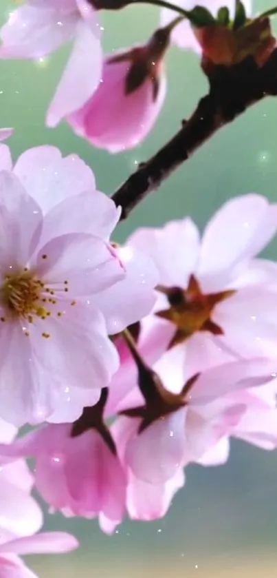 Cherry blossoms with pink petals on a branch and green background.