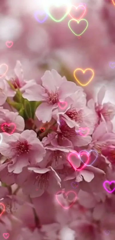 Cherry blossoms with heart overlays on a pink background.