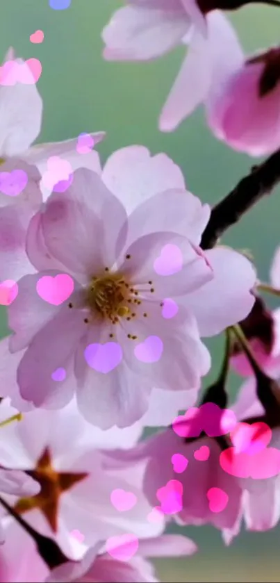 Cherry blossom wallpaper with pink heart accents.