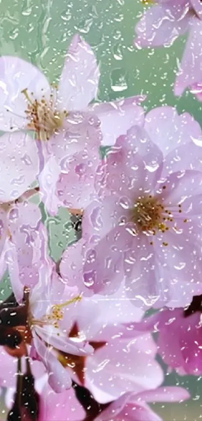 Serene cherry blossoms with raindrops on a soft pink background.