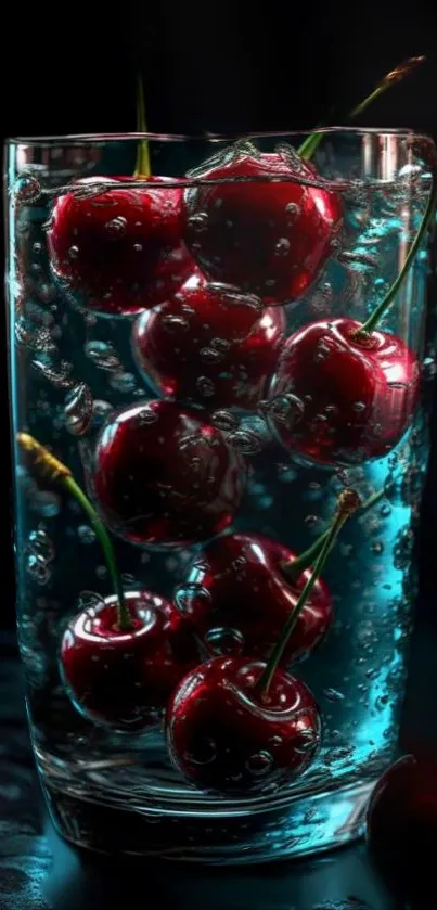 Cherries suspended in a bubbly glass of water, vibrant mobile wallpaper.