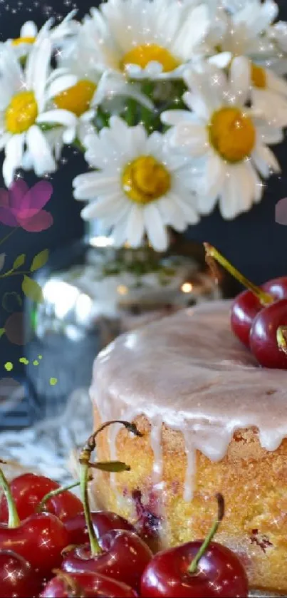 Cherry-topped cake with glaze and daisies vase mobile wallpaper.