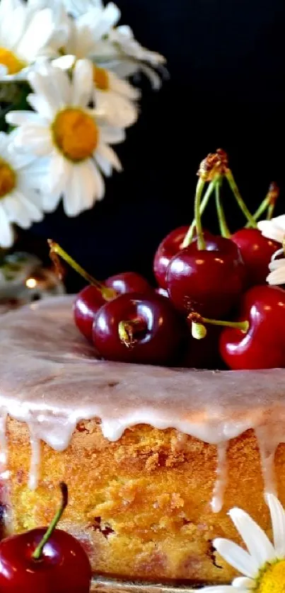 Wallpaper of cherry cake with daisies and a dark background.