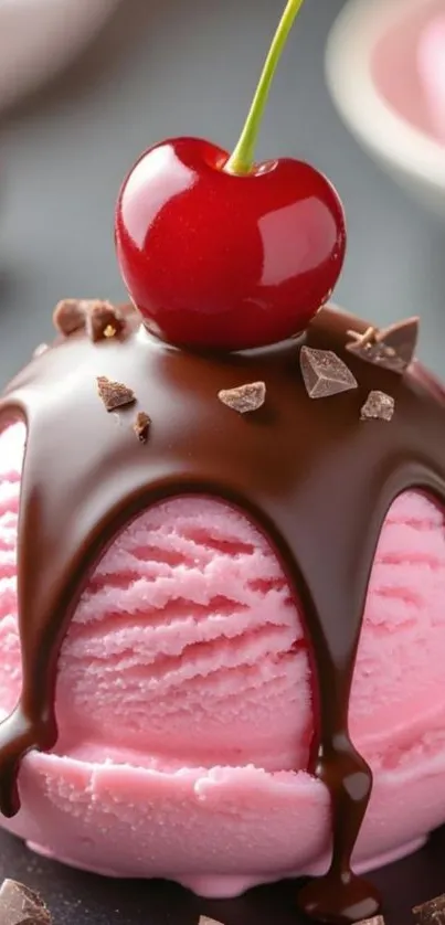 Close-up of cherry-topped chocolate ice cream.