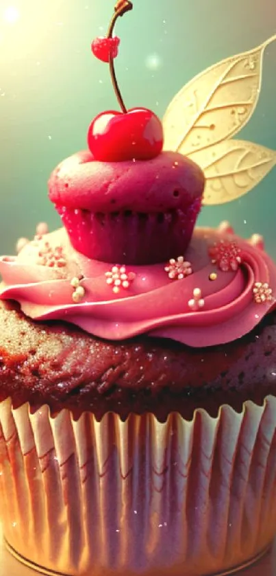 Cherry-topped cupcake with pink icing and artistic detail.