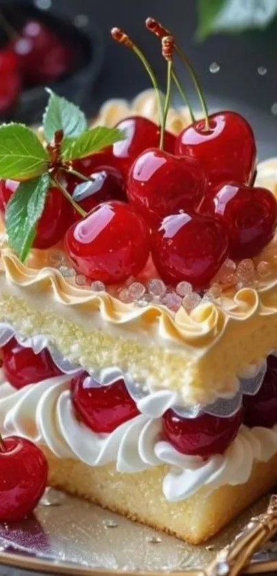 Cherry dessert cake with cream and layers.