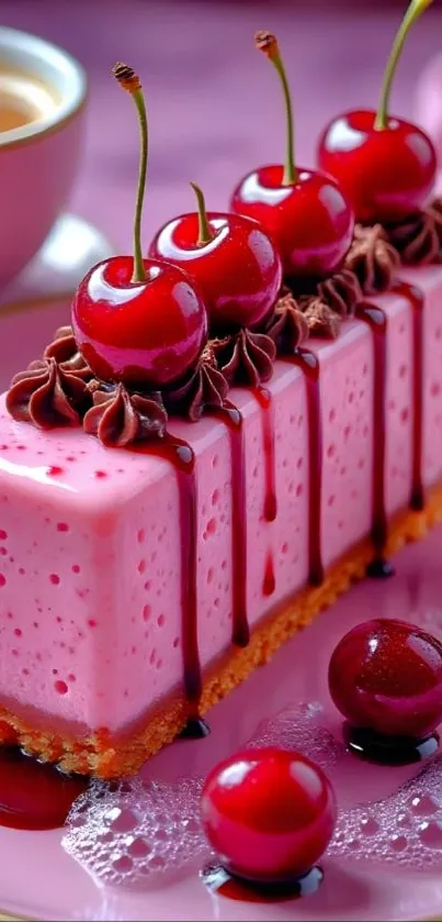 Pink frosted cake with cherries and chocolate drizzle on a plate.
