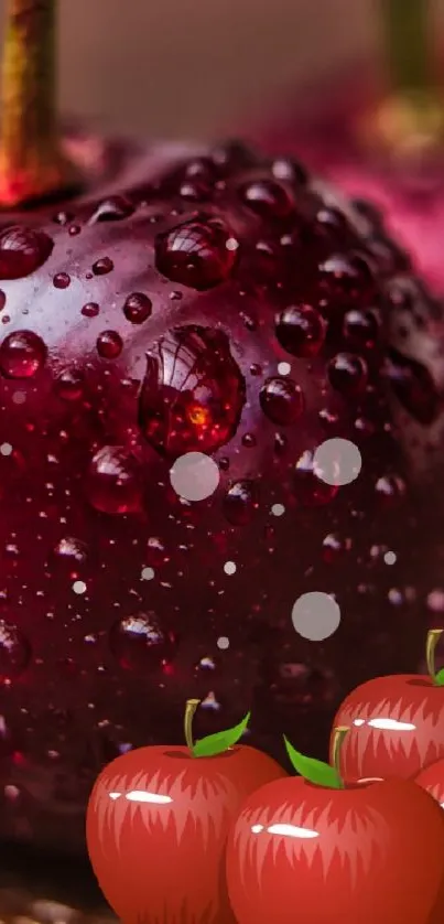Red cherries with dewdrops on a rustic wooden surface.
