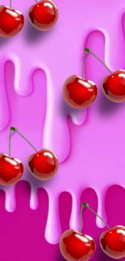 Red cherries on a pink drip background wallpaper.