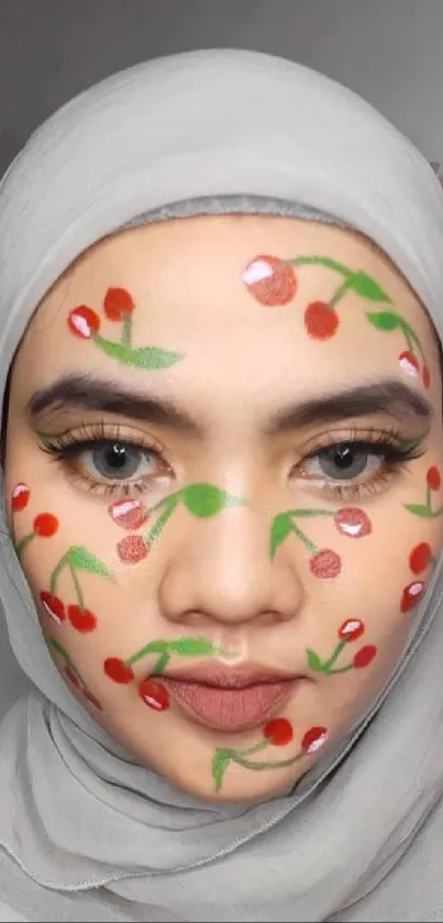 Artistic face paint with cherries on a mobile wallpaper background.