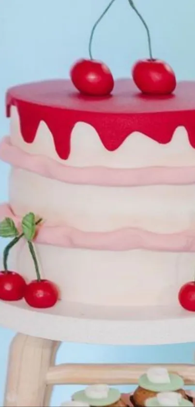 Cherry-topped cake with pink frosting on a mobile wallpaper.