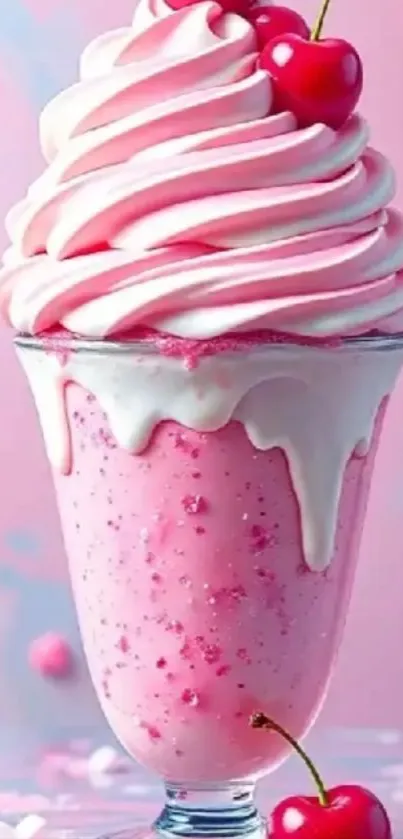 Pink cherry milkshake with creamy swirls and cherries on top.