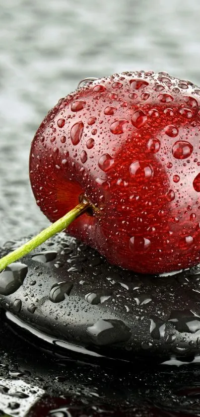 Vibrant red cherry on smooth black stones with droplets.