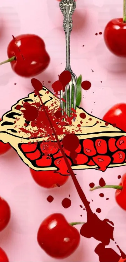 Cherry pie design with cherries and fork on pink background.