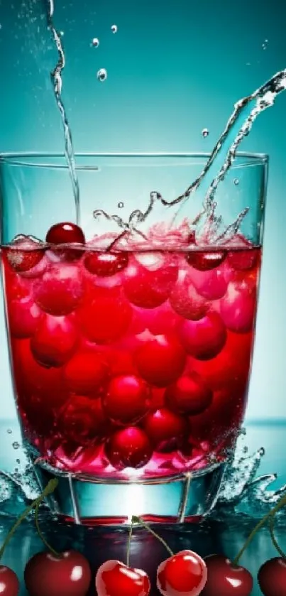 Refreshing cherry splash in a glass with aqua background.