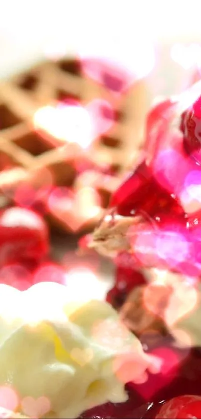 Heart-shaped waffles with cherry topping and cream on a plate.