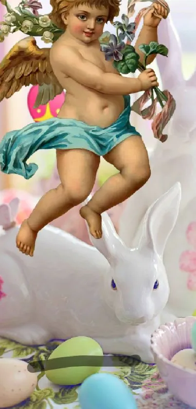 Easter-themed wallpaper with cherub, bunnies, and pastel eggs in a floral setting.