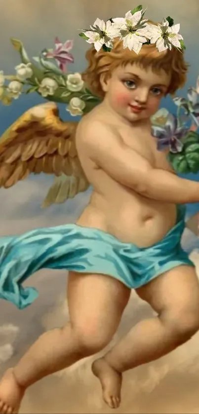 Cherubic angel with floral crown and wings against a sky backdrop.