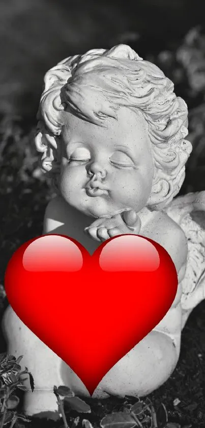 Cherubic statue with a red heart mobile wallpaper.