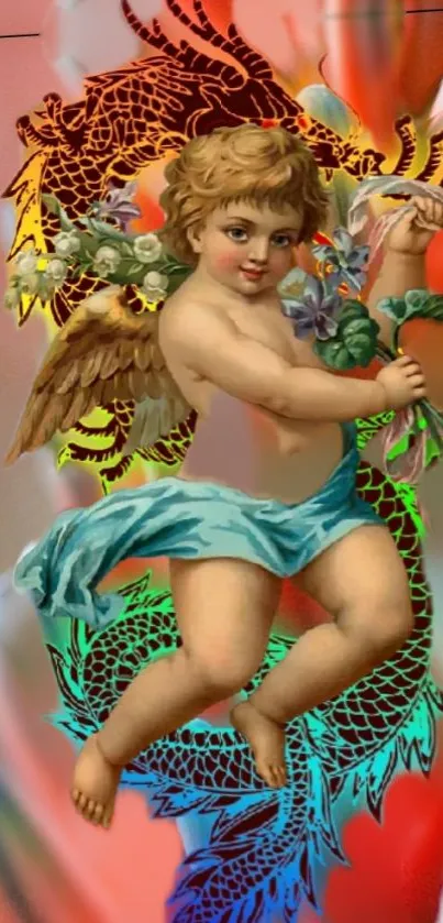 Cherubic angel with floral, dragon-inspired design on vibrant background.