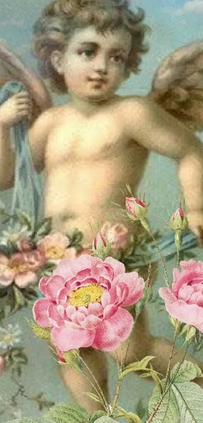 Cherubic angel with pink roses in a soft, pastel-colored wallpaper.