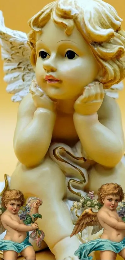 Cherubic figurines with wings on golden background.