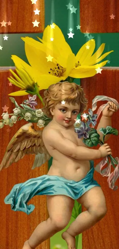 Cherubic angel with flowers and wood background mobile wallpaper.