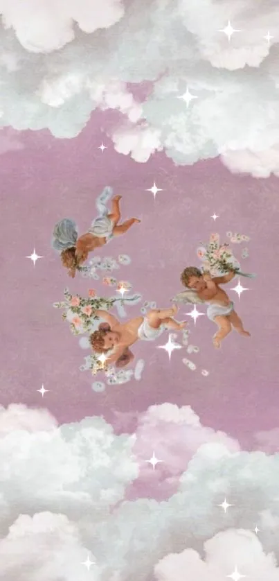 Mobile wallpaper with cherubs and clouds in a dreamy lavender sky.