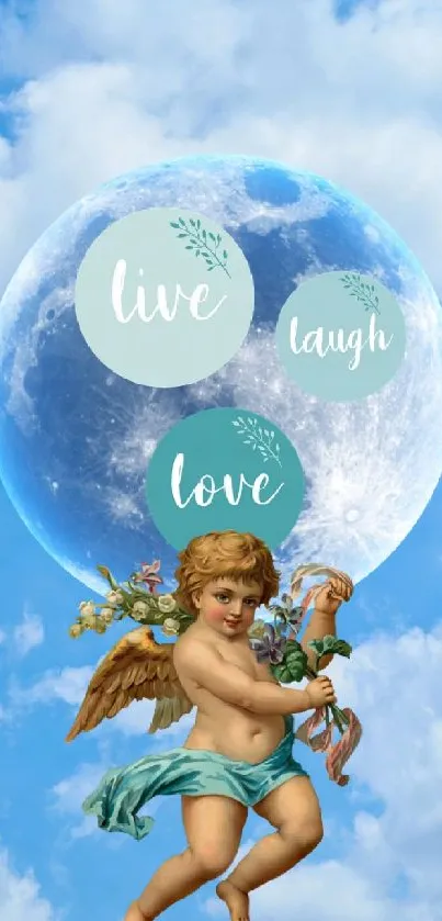 Cherub and moon amid fluffy clouds with 'Live Laugh Love' text.