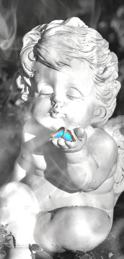 Cherubic statue with blue butterfly on finger, surrounded by smoky ambiance.