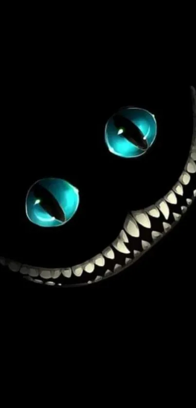 Cheshire Cat face with cyan eyes on black background.