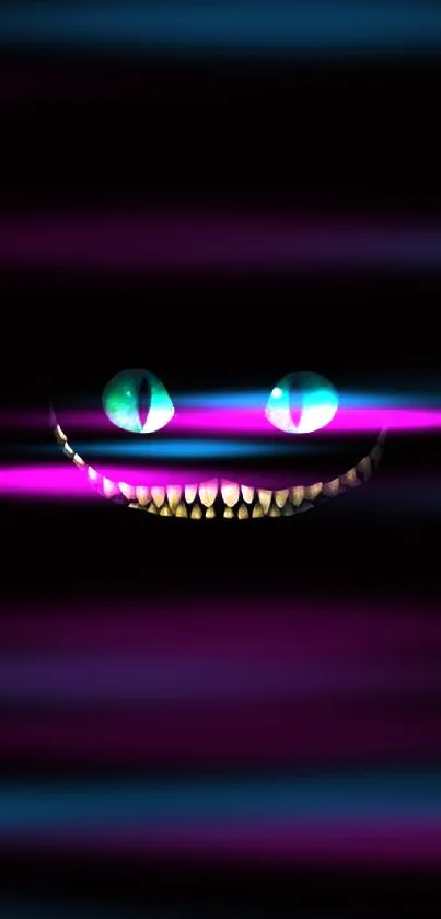 Cheshire Cat glowing eyes and smile on dark background.