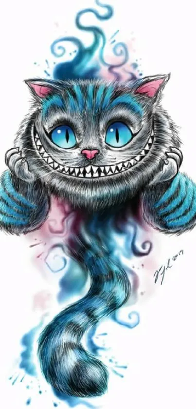 Whimsical Cheshire Cat illustration on a white background.