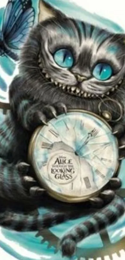 Cheshire Cat with a clock and a blue butterfly.