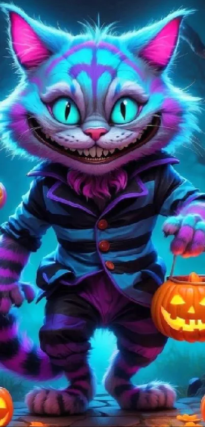 Cheshire Cat holding pumpkin lantern in vibrant fantasy scene.