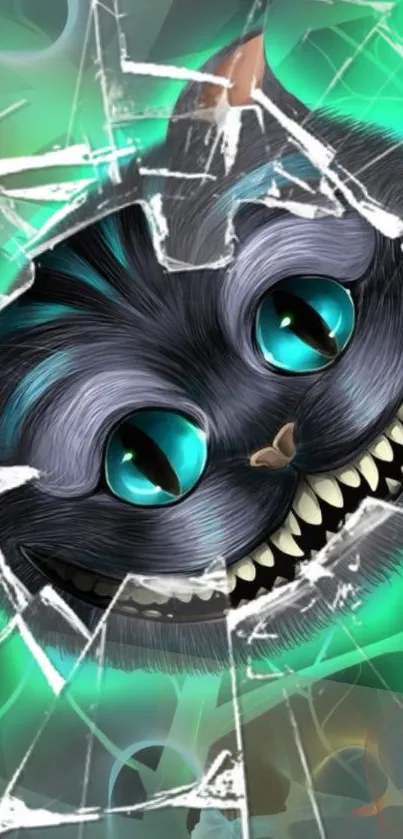 Cheshire Cat peeking through cracked glass with vibrant teal background.