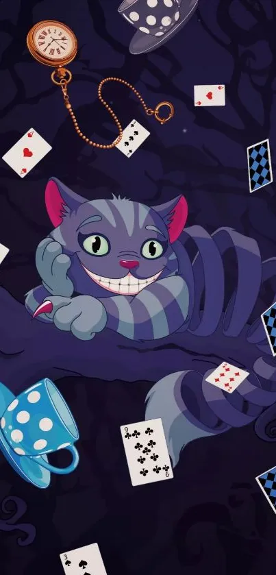 Whimsical Cheshire Cat with playing cards and teacup in vivid artwork.